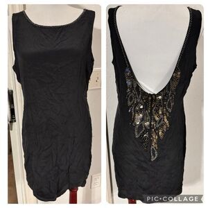MM Couture Silk Beaded Embellished Plunging Back Party Cocktail LBD Dress L